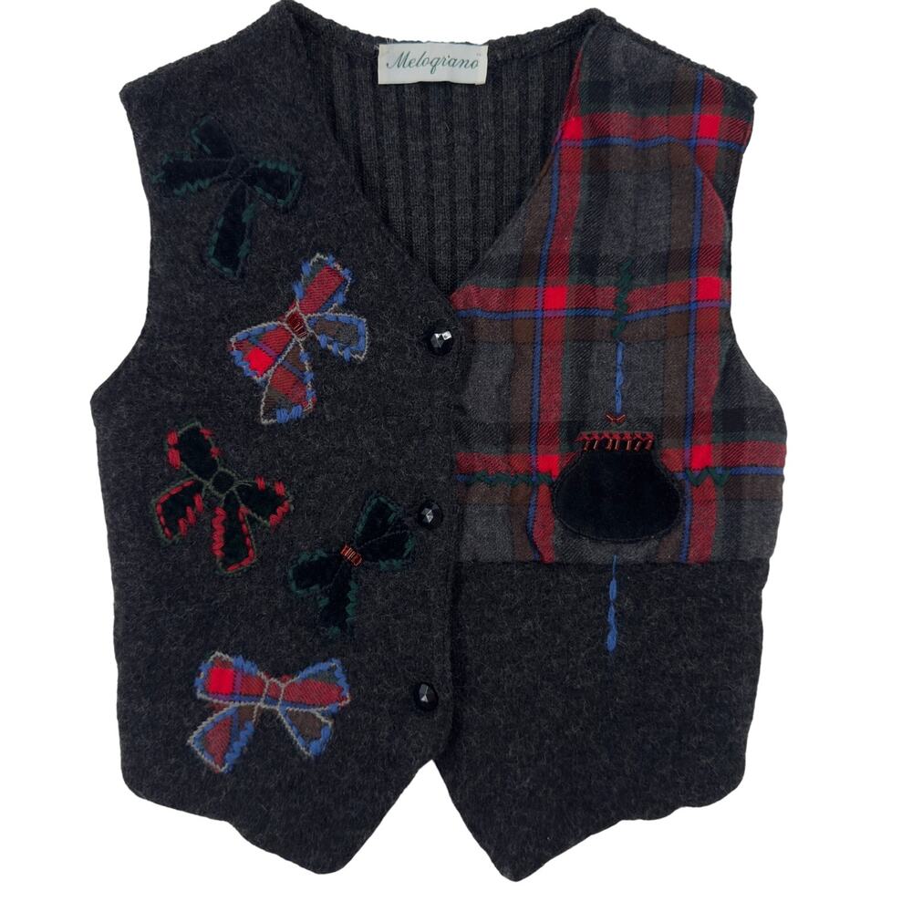 Vintage Wool Kids Vest Holiday Bows Christmas Thanksgiving Formal Plaid‎ Size 6